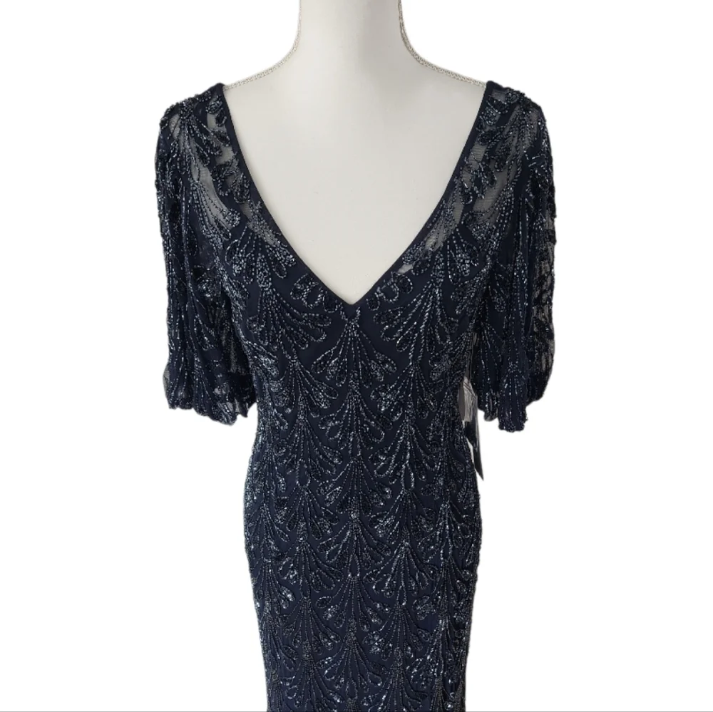 Aidan Mattox $550 NWT Beaded V-Neck Sheath Evening Gown Navy Blue, size 6 - Picture 9 of 13
